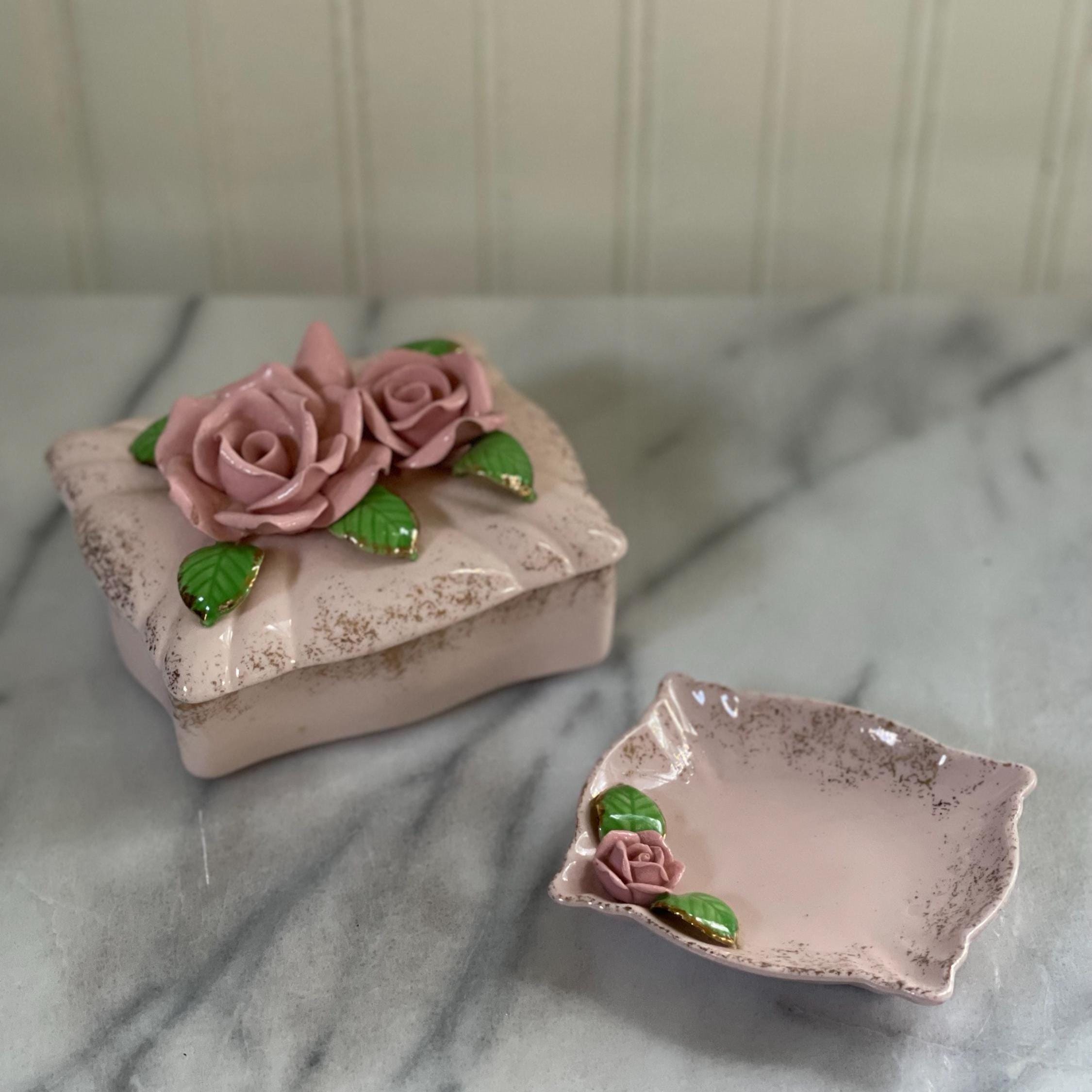 Vintage Pink Rose Ceramic Vanity Set, Trinket Box & Ashtray, Made