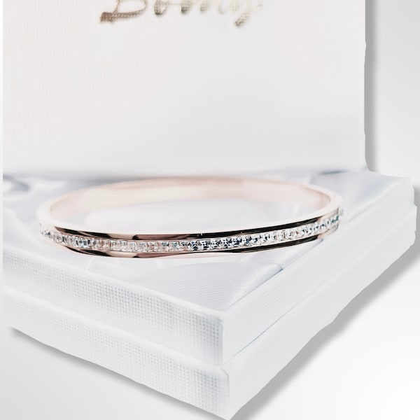 Rose Gold Sparkling Hinged Bangle Bracelet Detailed with Crystals. Presented in a Gift Box. The Perfect Jewellery Gift for Her Valentine's