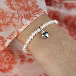 Echte parel kralen armband, zoetwater gekweekte parel, hart bedelarmband, 925 sterling zilver, 4 mm-4,5 mm, stretcharmband voor dames