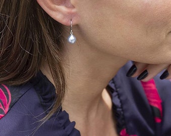 Natural Blue Pearl Drop Earrings, Real 925 Sterling Silver Jewelry, Vietnamese Akoya Pearl 7.5-8mm AAA, Bridal Dangle Earrings, Women Gift