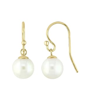 14k Gold Pearl Drop Earrings, Solid Yellow Gold Dangle Earrings, Round White Freshwater Cultured Pearl 8-8.5mm AAA, Classic Jewerlry, Women
