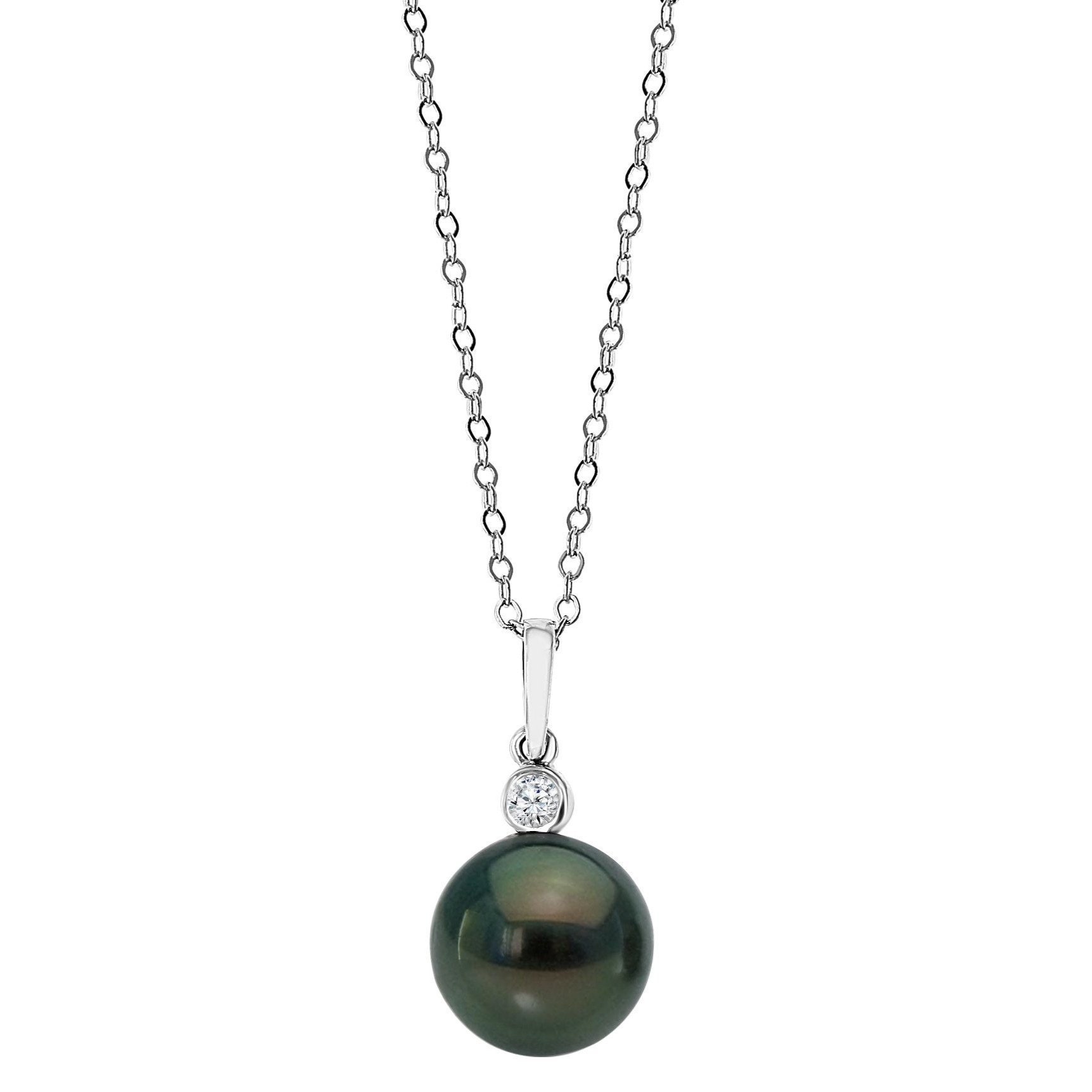 Real Pearl Diamond Pendant Necklace, Black Tahitian Cultured Pearl 8mm-9mm, Natural Round Diamond G-H/SI2-I1, 14k White Gold Necklace 16-18"