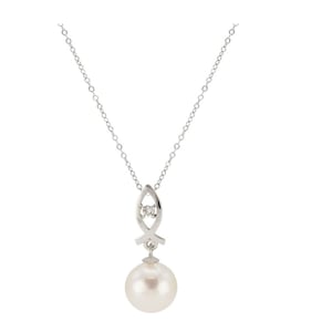 Pearl Diamond Pendant Necklace, Real 14k White Gold Chain Necklace, Natural Round Diamond, White Freshwater Pearl 8-8.5mm, Adjustable 16-18&quot;