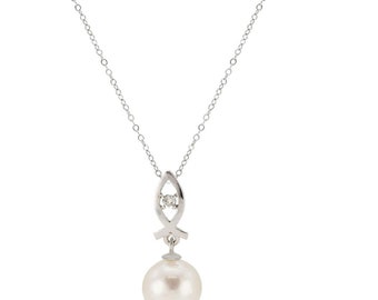 Pearl Diamond Pendant Necklace, Real 14k White Gold Chain Necklace, Natural Round Diamond, White Freshwater Pearl 8-8.5mm, Adjustable 16-18&quot;