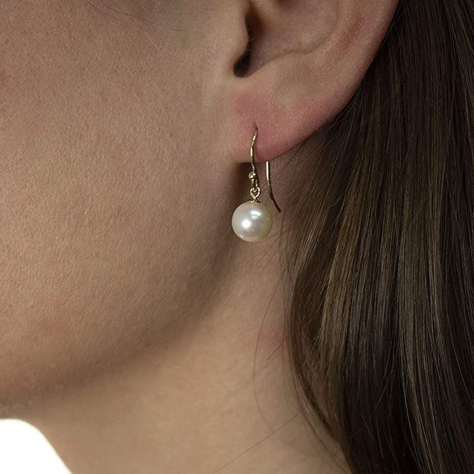 14k Gold Pearl Drop Earrings, Solid Yellow Gold Dangle Earrings, Round — free download