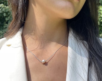 Freshwater Cultured Pearl Necklace, 925 Sterling Silver Chain Necklace, 6.5-7mm 18&quot;, Women, Black Friday Sale