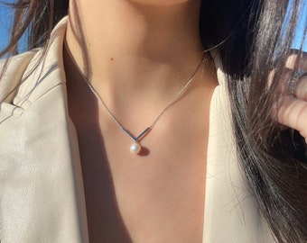 Pearl Pendant Necklace, 925 Sterling Silver Cable Chain 16&quot;-18&quot;, Chevron Necklace, Freshwater Round Pearl 7.5-8mm, Black Friday Sale