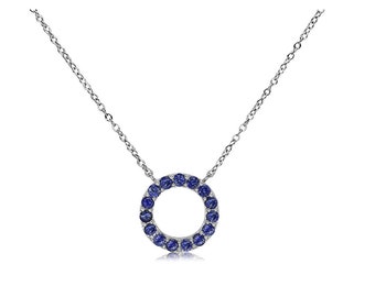Circle Pendant Necklace, 1.92 Ct Round Blue Sapphire, Channel Setting, 925 Sterling Silver Chain Necklace, Sapphire Pendant for Women, 18&quot;