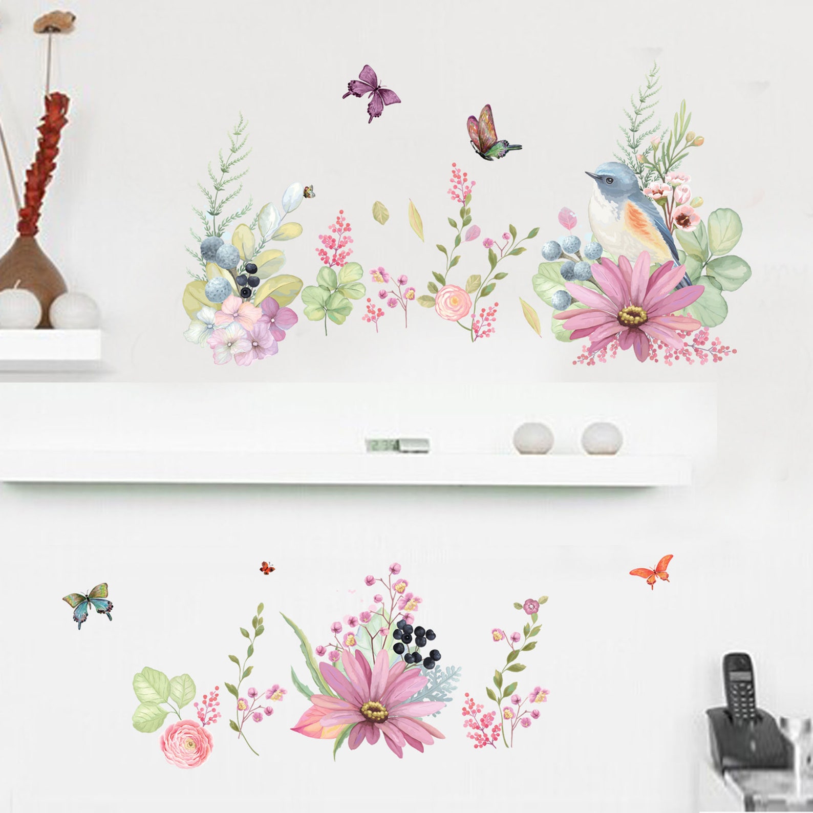Removable Stickers Flower and Butterfly Wall Decal Flower Etsy