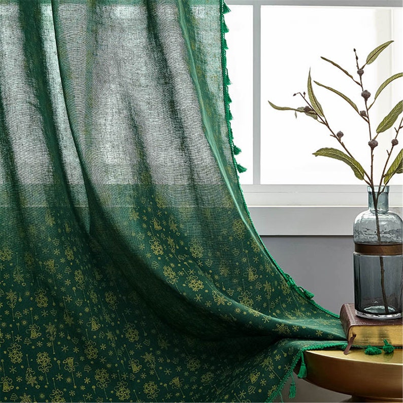 Green Christmas Room Bedroom Curtains, Bronzing Wind Chimes Green Fringe Curtains, Rod Pocket Curtain, Grommet Curtain, Hook Curtain 