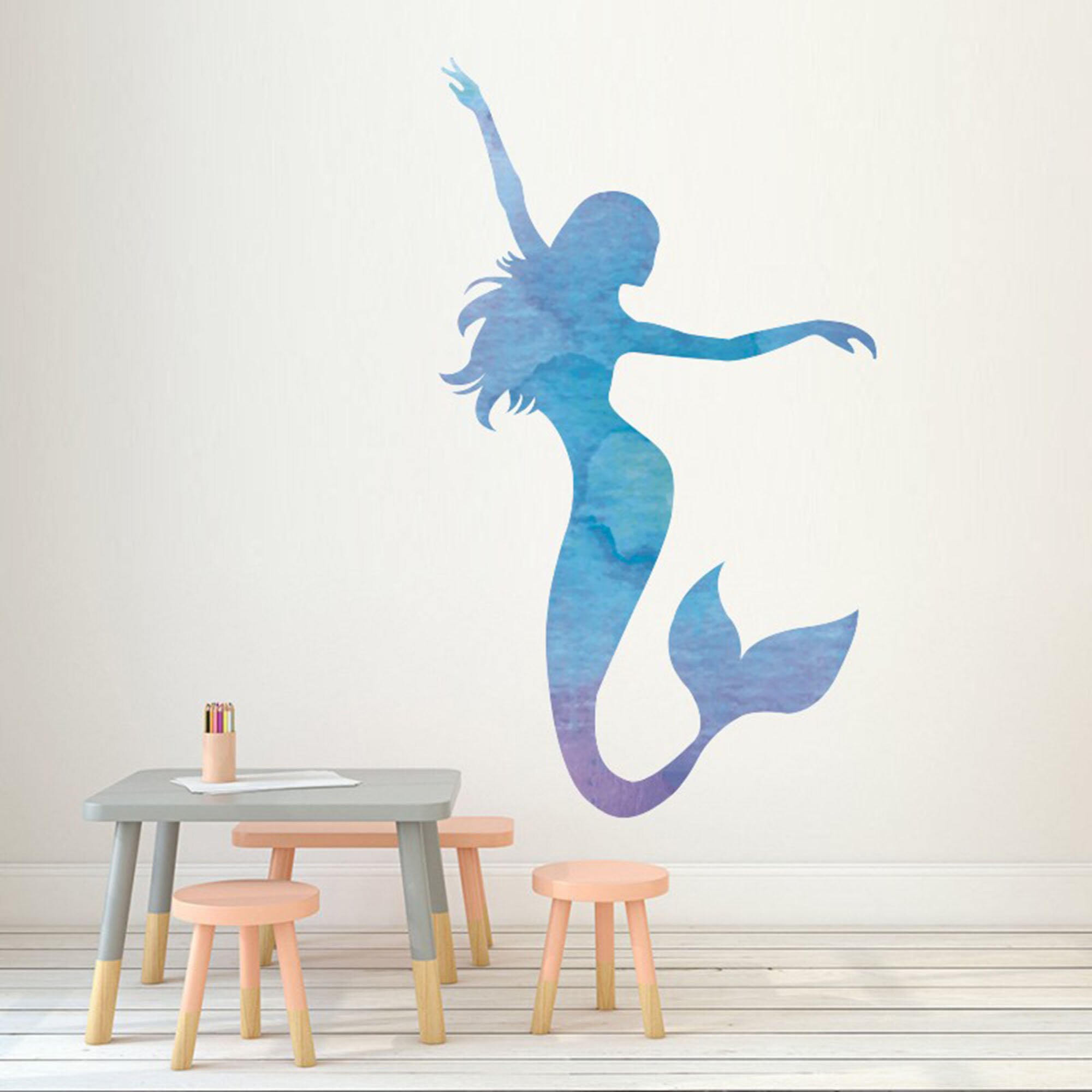 Mermaid Wall Decal Ocean Mermaid Wall Art Watercolors Etsy