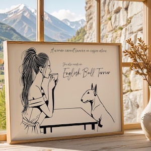 Girl with an English Bull Terrier Print Dog Mom Gift Idea Digital Download Wall Art with Bull Terrier The Dog Lover Horizontal Art Poster