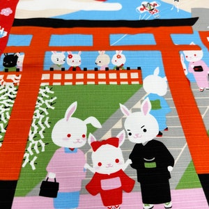 Japanese Shrine and Mt. Fuji With Rabbits for New Year Furoshiki ...