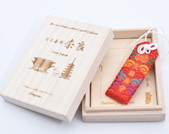 Japanese OMAMORI AMULET CHARM for "Anti Evil and Disasters" red from Enshu Sigisan Bisyamon Ten from Nara Japan