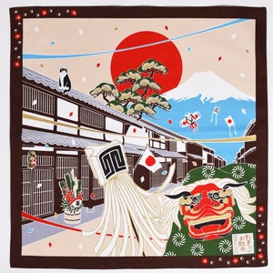 Shishimai Lion Dance character and Japanese New Year style Furoshiki traditional Japanese wrapping cloths made in Japan