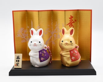 Happy Rabbit /New Year Rabbit Gold and White color set for good luck H8.0cm #60