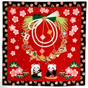 Maneki Neko Beckoning Cat ans Sakura design Red/Black Furoshiki traditional Japanese wrapping cloths made in Japan