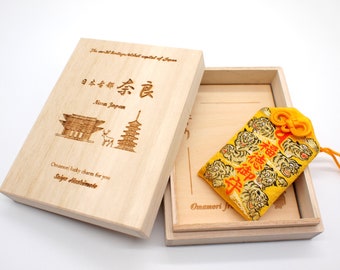Japanese OMAMORI AMULET CHARM for "Good luck & Money Luck Tiger" yellow from Enshu Sigisan from Nara Japan