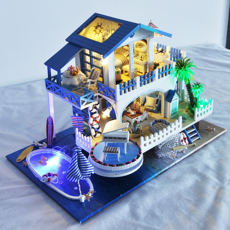 DIY Doll House Kit DIY Wooden Miniature Doll House Kit Loft Apartment With Light Kids Adult Craft Gift Decor\uff08Blue Melody\uff09