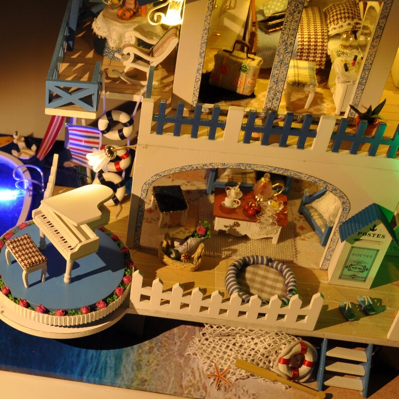 DIY Doll House Kit DIY Wooden Miniature Doll House Kit Loft Apartment With Light Kids Adult Craft Gift Decor\uff08Blue Melody\uff09