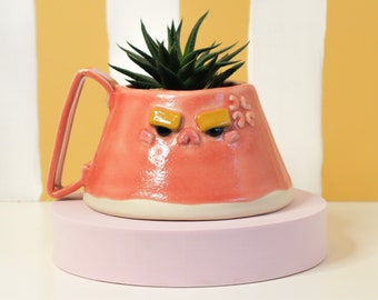 SECONDS SALE: Lil' Mood Dood Mug | Mad Angry Watermelon Red Pencil Holder, Succulent Planter # 2 | Handmade Ceramics