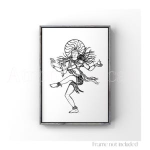 May include: Black and white line drawing of a Hindu deity, Shiva, in a dancing pose. The deity has four arms and is wearing a crown and jewelry. The drawing is on a white background.