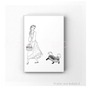 Belle & Sultan Beauty and the beast Walt Disney Dog Mom Illustration Print Vintage Pet Art Poster Wall Decor