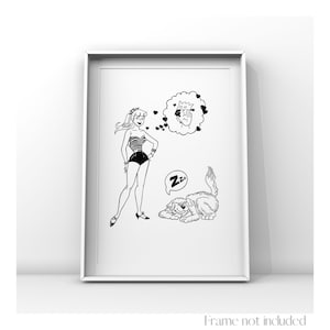 May include: Black and white illustration of a woman in a swimsuit daydreaming about a man with a crown. A dog is sleeping in the foreground. "Zzz" is written in a speech bubble above the dog.