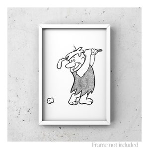 May include: A black and white illustration of a cartoon caveman swinging a golf club. The caveman is wearing a loincloth and has a big smile on his face. A small golf ball is on the ground in front of him.