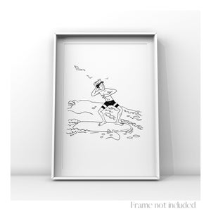 May include: Black and white line art illustration of a person wearing a crown and surfing on a wave. The person is holding their hand to their head and has a surprised expression.