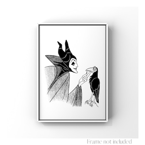Maleficent & Diaval Print Sleeping Beauty Walt Disney Villain Illustration Angelina Jolie Drawing Art Sketch Raven Poster Printable