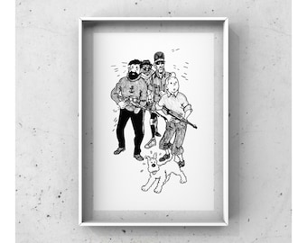 The Adventures of Tintin & Snowy Flight 714 to Sydney Illustration Print Captain Haddock Drawing Vintage Comics Art Retro Hergé Poster Anime