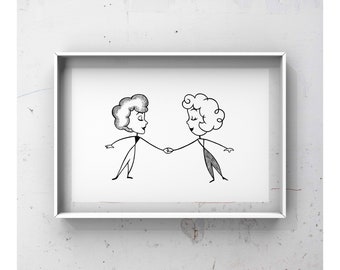 Lucy & Ethel Print I Love Lucy Sketch Vintage Illustration Drawing Best Friend Wall Art Poster