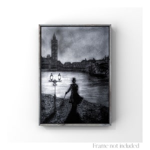 Op de afbeelding: Een zwart-witte tekening van een man die wegloopt van een lantaarnpaal voor Big Ben in Londen.