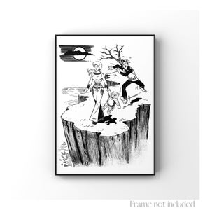 May include: Black and white illustration of a woman, a man, and a small bear standing on a cliff edge. The woman is walking away from the man, who is looking back at her with a surprised expression. The bear is looking at the woman. The background is a dark sky with a moon.