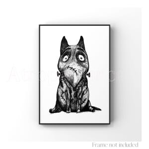 Frankenweenie Print Tim Burton Illustration Disney Dog Portrait Pet Drawing Animal Poster Anime Wall Decor