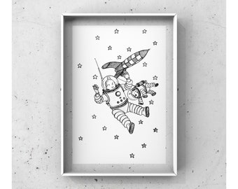 The Adventures of Tintin & Milou Snowy Print Illustration Vintage Drawing Comics Art Sketch Destination Moon Hergé Wall Decor Poster