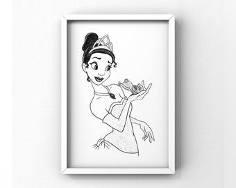 The princess and the frog Print Tiana Portrait Illustration Walt Disney Vintage Art Minimalist New Orleans Poster Wall Decor Romantic