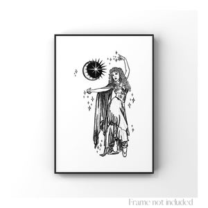 Retrato de Stevie Nicks, impresión bohemia, dibujo de bruja, wicca, mística, Bella Donna, póster gitano, decoración de pared bohemia, arte de bailarina