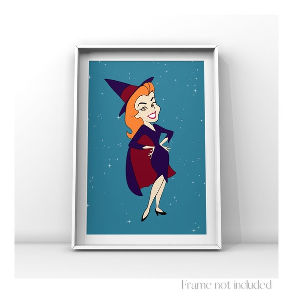 Bewitched Elizabeth Montgomery Samantha Stephens Portrait Illustration Print Wall Decor Witch Poster Vintage Drawing Retro Art 1960