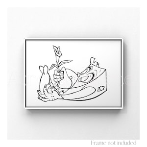May include: Black and white cartoon illustration of a smiling character holding a flower. The character is lying down, with one hand holding the flower and the other hand supporting the character's body. The artwork is framed in a white rectangular frame.