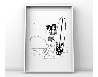 Veronica Lodge Illustration Print Archie Comics Drawing Riverdale Cartoon Beach Girl Vintage Surfer Pin up Retro Sketch