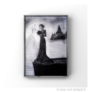 May include: A black and white drawing of a woman in a long dress standing on a cliff, reading a book. A ghostly figure stands behind her, and a castle is visible in the distance.