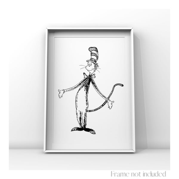 The Cat in the Hat Knows a Lot About That Print Dr Seuss Illustration Vintage Drawing Art Sketch Retro Decoration Black & White