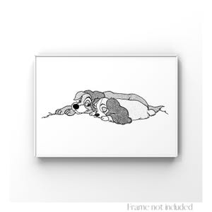 Lady and the Tramp Sleeping Print Walt Disney Illustration Dog Dream Vintage Art Animal Poster Pet