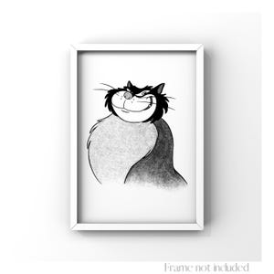 Lucifer Cat Print Cinderella Drawing Tremaine family's Walt Disney Illustration Animal Anime Vintage Poster Art Minimalist Black and White