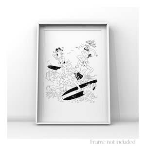 May include: Black and white illustration of four people surfing on a wave. The people are all wearing swimsuits and are standing on a surfboard. The wave is crashing around them and there are splashes of water everywhere.