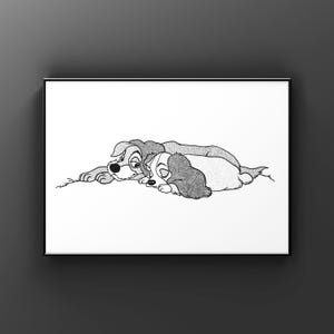 Digital Download Lady and the Tramp Sleeping Print Lover Dream Drawing Walt Disney Dog Illustration Anime Poster Nursery
