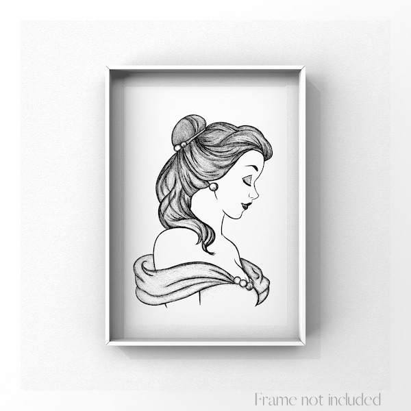 Belle Beauty and the beast Print Portrait Illustration Princess Walt Disney Vintage Art Minimalist Black and White  Poster Wall Decor