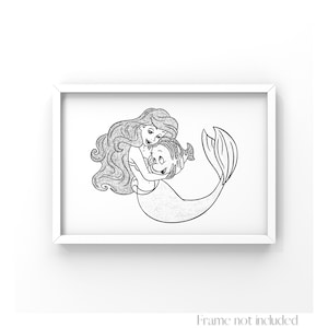 Ariel & Flounder Imprimir La Sirenita Dibujo Princesa Walt Disney Boceto Mar Ilustración Vintage Anime Ocean Poster Arte 1989 Sirena